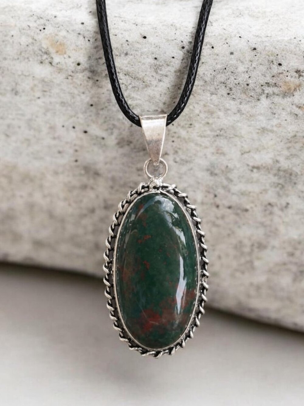 Large 925 Sterling Silver Indian Bloodstone Pendant Necklace